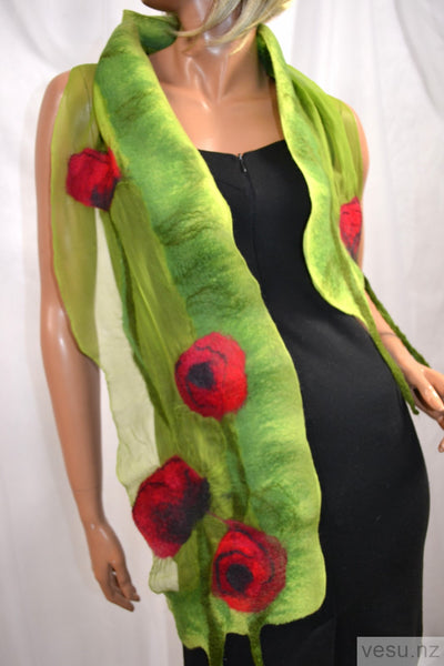 Red poppies green scarf silk merino wool 4404