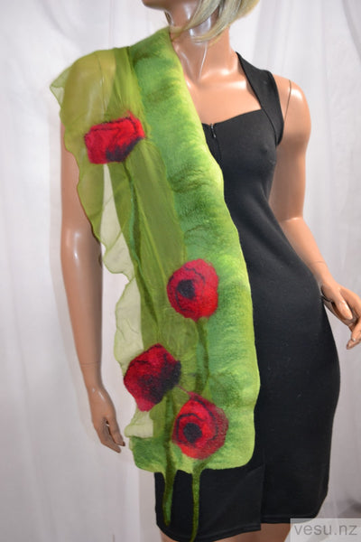 Red poppies green scarf silk merino wool 4404