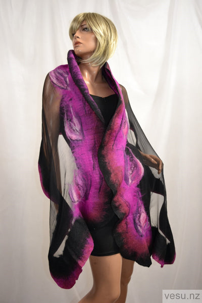 Black magenta - Unique silk shawl with merino wool 4416