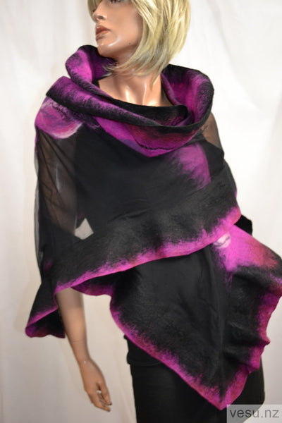 Black magenta - Unique silk shawl with merino wool 4416