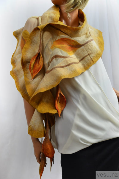 Nuno-felted silk scarf, honey and beige 4473