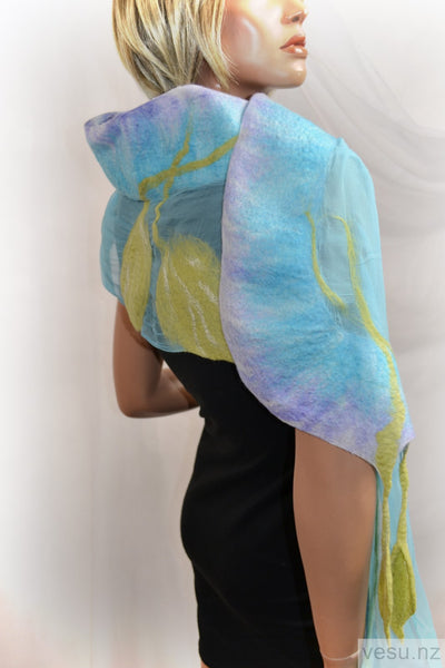 Blue with violet and green silk scarf 4474