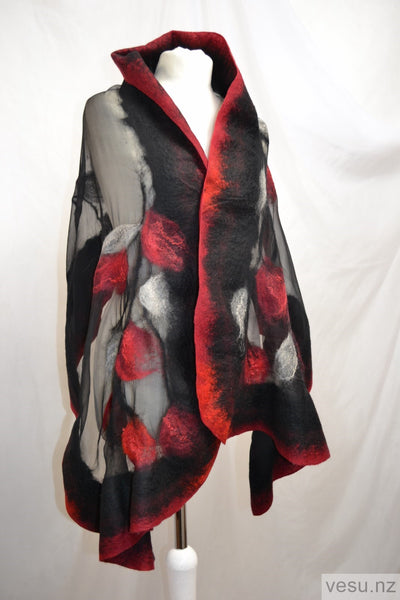 Unique silk shawl creation black and red 4556