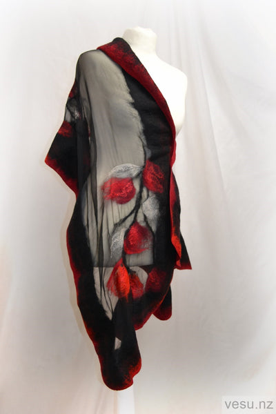 Unique silk shawl creation black and red 4556