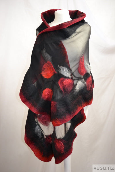 Unique silk shawl creation black and red 4556