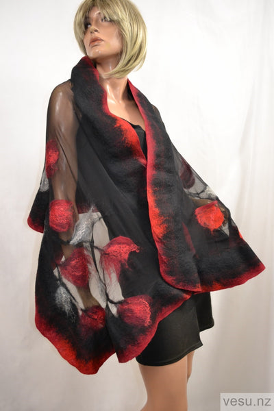 Unique silk shawl creation black and red 4556