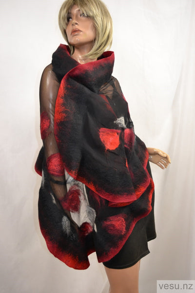 Unique silk shawl creation black and red 4556