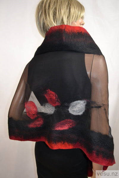 Unique silk shawl creation black and red 4556