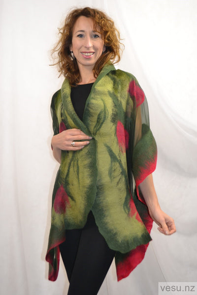 Green with red shades, silk shawl wit merino wool 4596