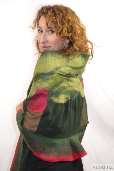 Green with red shades, silk shawl wit merino wool 4596