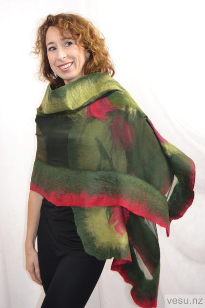 Green with red shades, silk shawl wit merino wool 4596