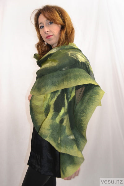 Green shawl, felted merino wool on silk 4598