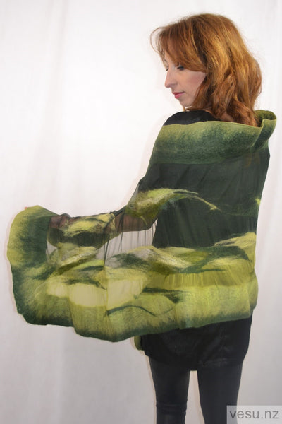 Green shawl, felted merino wool on silk 4598