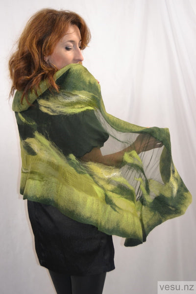 Green shawl, felted merino wool on silk 4598