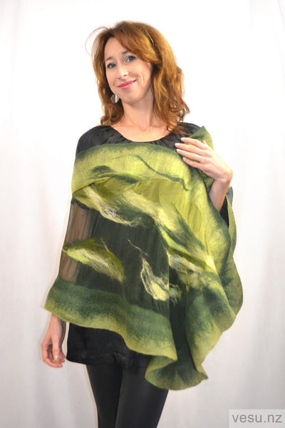 Green shawl, felted merino wool on silk 4598