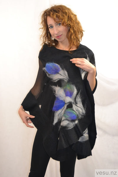 Black shawl, felted merino wool on natural silk 4599