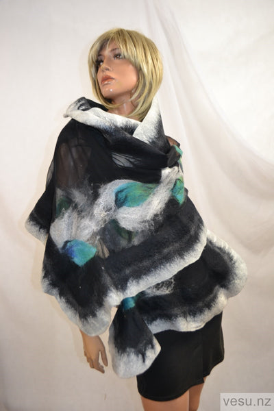 Nuno felt large shawl with merino wool black and gray 4617