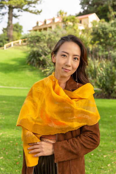 Sunny Wool and Silk Felted Scarf, versatile wearable art, unique gift from Sunny New Zealand  4629