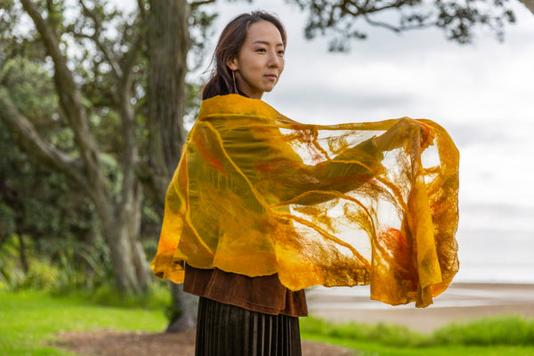 Sunny Wool and Silk Felted Scarf, versatile wearable art, unique gift from Sunny New Zealand  4629