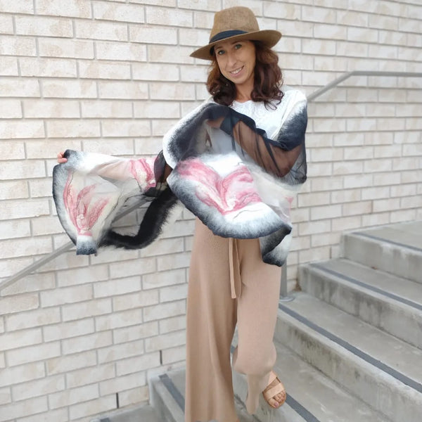 A smoky pink accent on a classic combination. Versatile, glamour merino and silk shawl, Handmade by artist from NZ