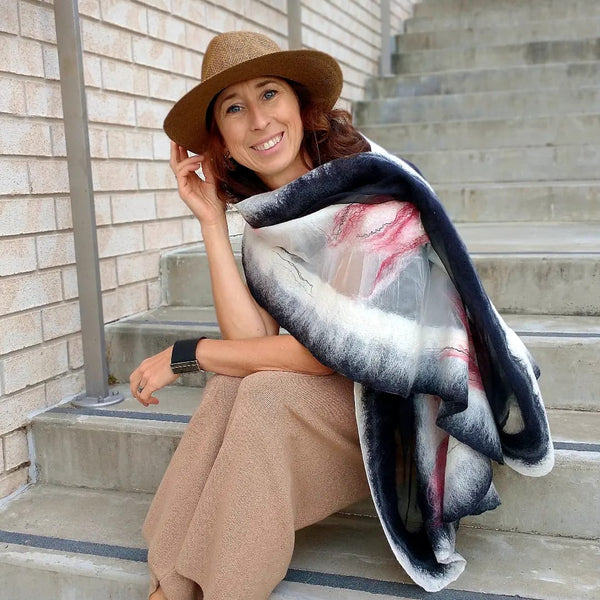 A smoky pink accent on a classic combination. Versatile, glamour merino and silk shawl, Handmade by artist from NZ