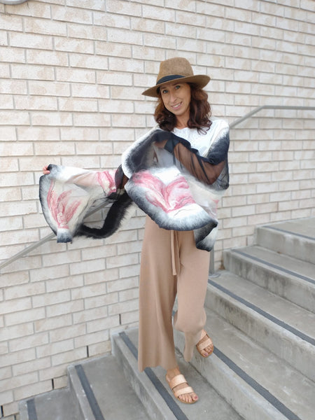 A smoky pink accent on a classic combination. Versatile, glamour merino and silk shawl, Handmade by artist from NZ