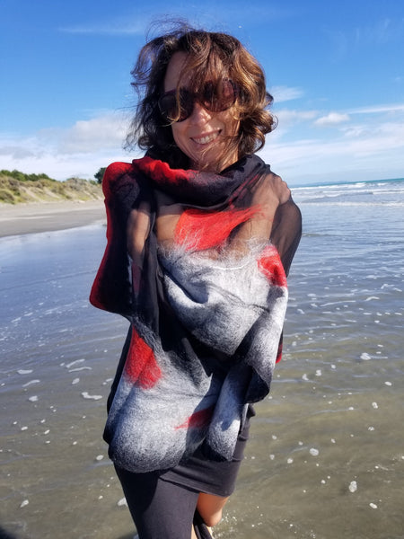 Amazing handmade silk & merino shawl, Australian wool, nunofelted, black, red, gray, perfect women gift, like a dress or vest, versatile,