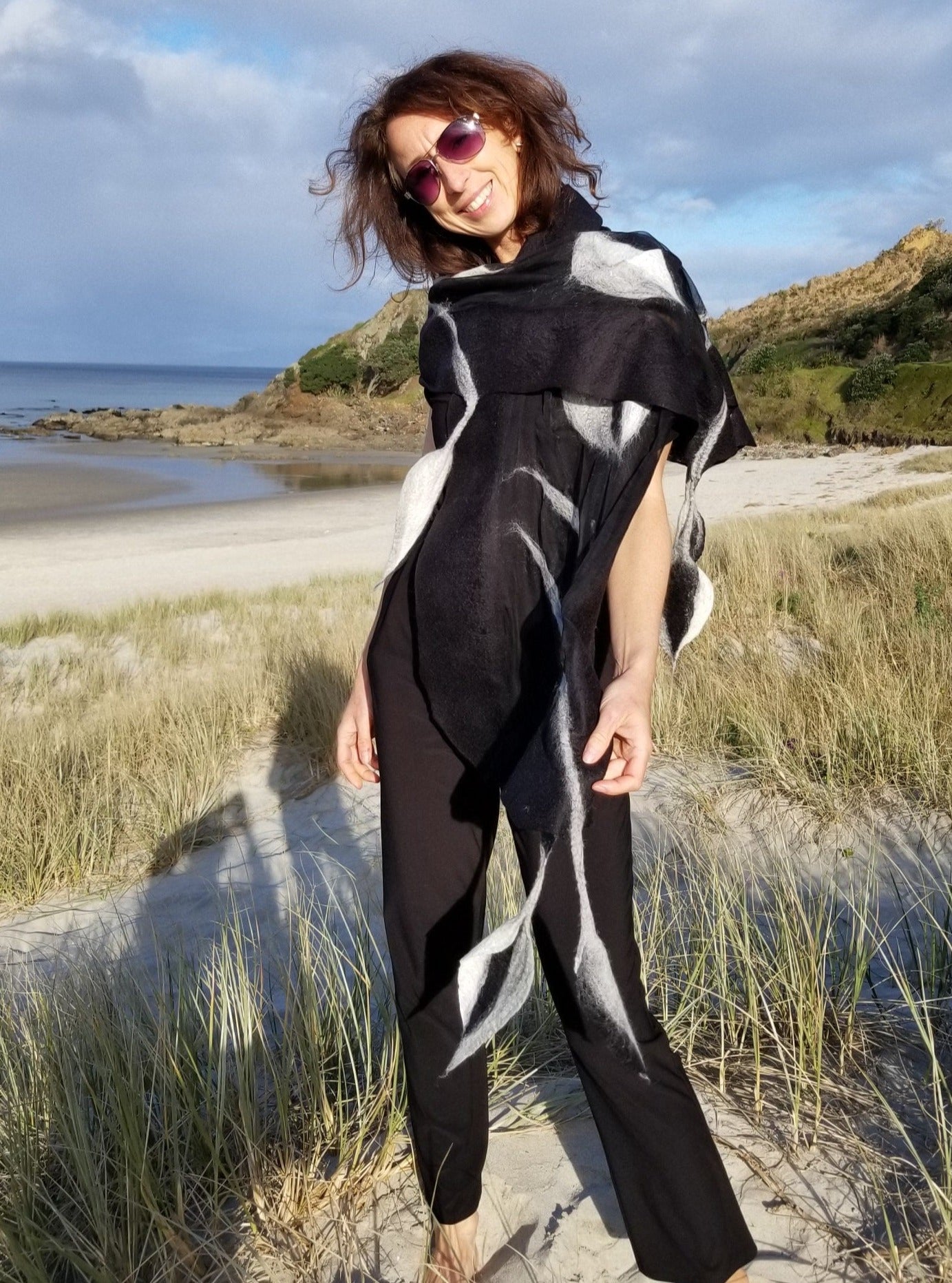 Amazing BLACK and WHITE merino and silk scarf with hanging leaves, Nuno felted Large Shawl, stole, Hand made felting, evening dress, wedding