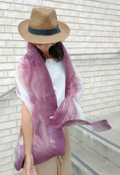 Color of plum, dusty pink scarf. Wet merino and silk felted amazing piece in wardrobe. Suits with beige, black, marine blue t-shirt, jacket.