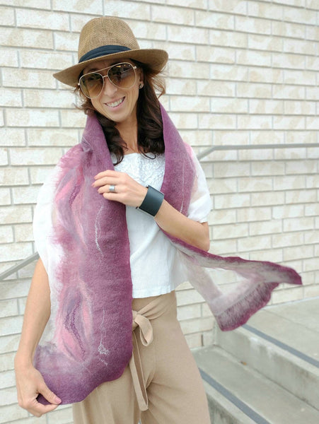 Color of plum, dusty pink scarf. Wet merino and silk felted amazing piece in wardrobe. Suits with beige, black, marine blue t-shirt, jacket.