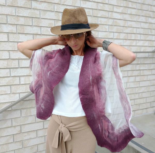 Color of plum, dusty pink scarf. Wet merino and silk felted amazing piece in wardrobe. Suits with beige, black, marine blue t-shirt, jacket.