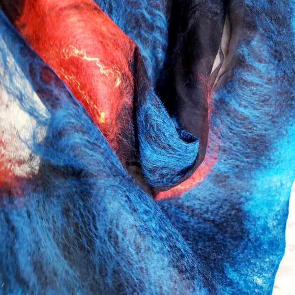 Scarf Ocean blue & red pohutukawa, Silk shawl goes with jacket, dress, handmade gift for woman, New Zealand nunofelted, light soft merino