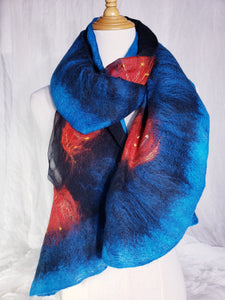 Scarf Ocean blue & red pohutukawa, Silk shawl goes with jacket, dress, handmade gift for woman, New Zealand nunofelted, light soft merino