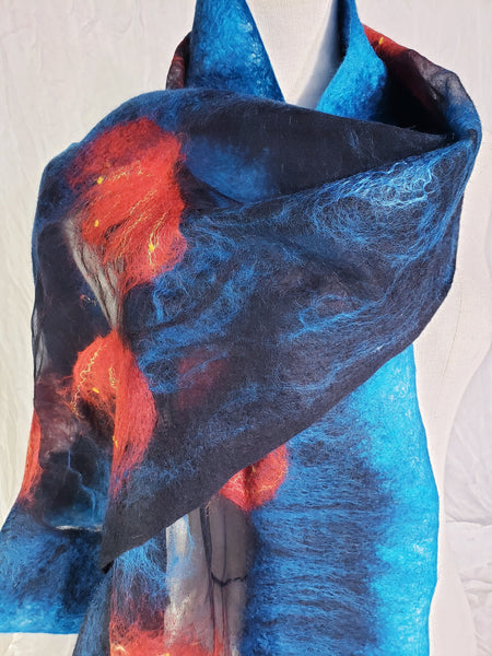 Scarf Ocean blue & red pohutukawa, Silk shawl goes with jacket, dress, handmade gift for woman, New Zealand nunofelted, light soft merino