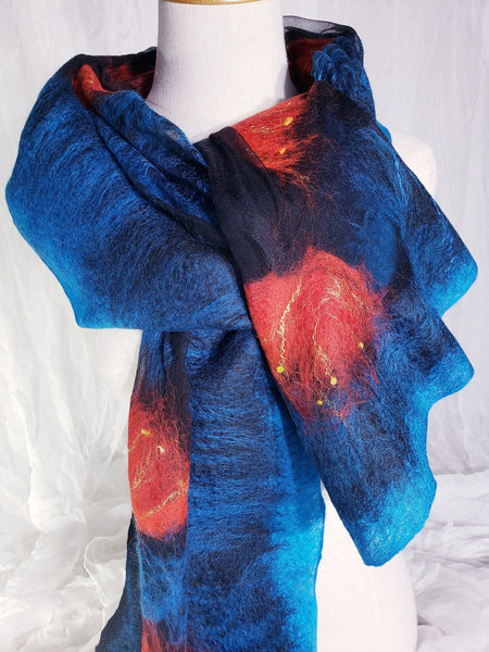 Scarf Ocean blue & red pohutukawa, Silk shawl goes with jacket, dress, handmade gift for woman, New Zealand nunofelted, light soft merino