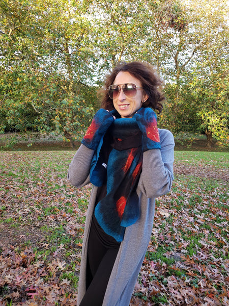 Scarf Ocean blue & red pohutukawa, Silk shawl goes with jacket, dress, handmade gift for woman, New Zealand nunofelted, light soft merino