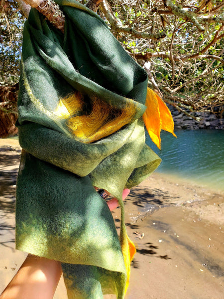 Cosy season Scarf with hanging kowhai yellow flower, wool & silk forest green, wearable art from New Zeakand