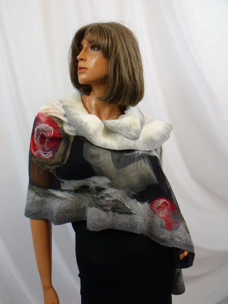 Shawl for Elegant Ladies, Beautiful scarf, nuno felted, silk & wool, gift, fibre art, wearable art, versatile, goes well with dress, coat